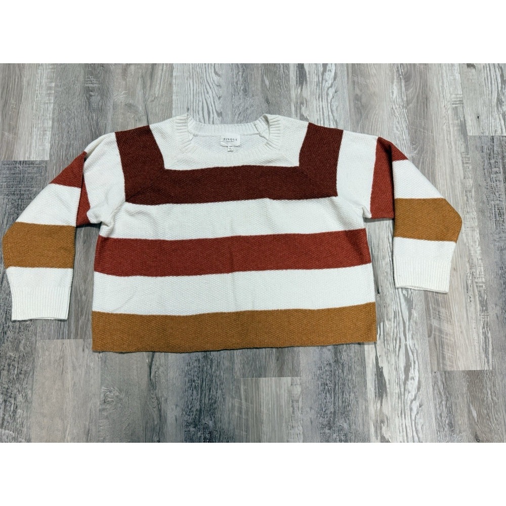 Pinque Women's XXL Colorblock Striped Knit Sweater Cream Rust Mustard Cozy